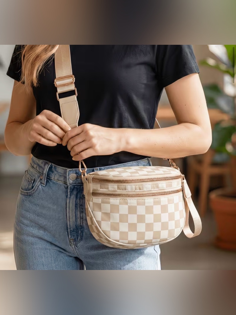 Beige Checkered Crossbody Bag new